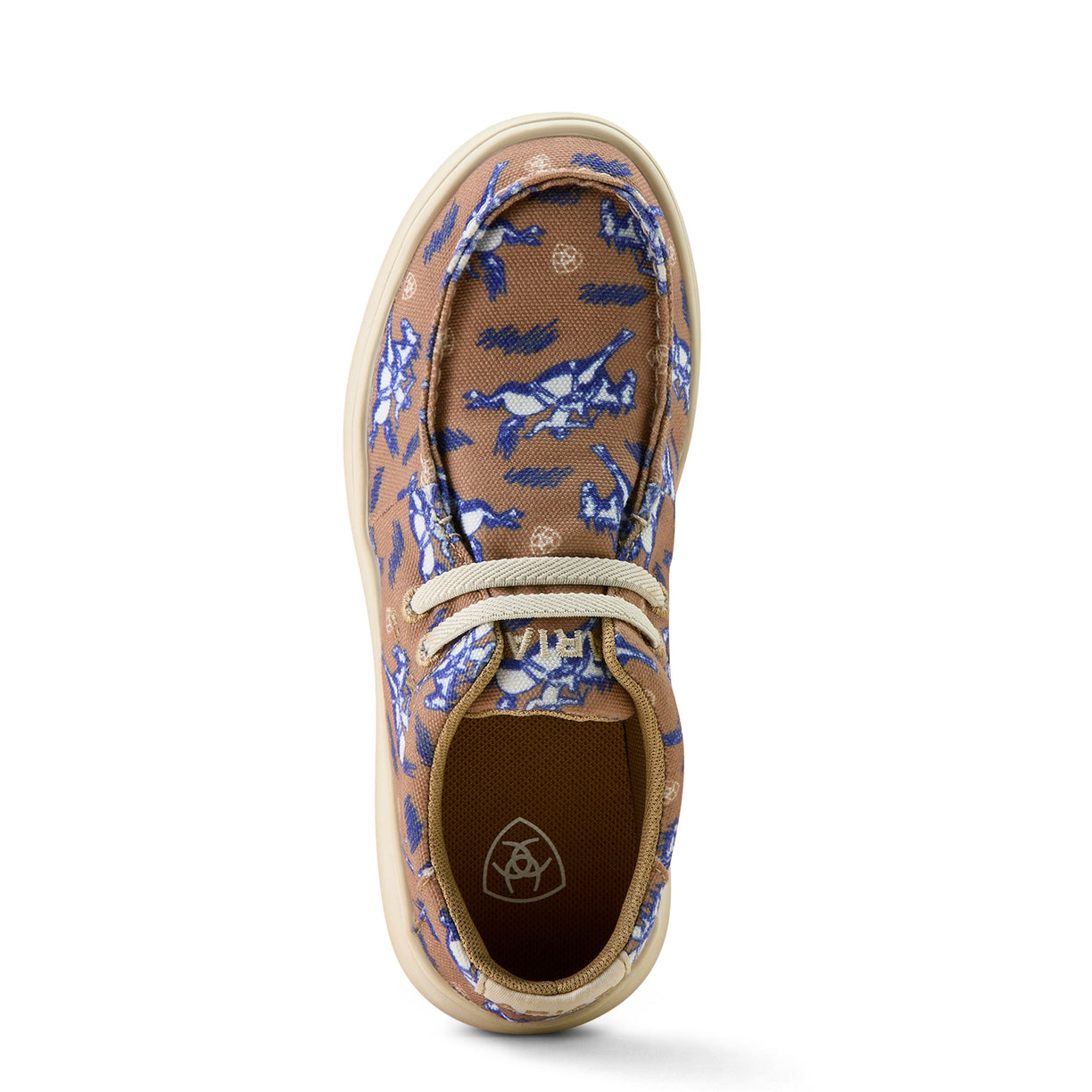 Brown shoe with blue floral pattern on a white background