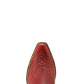 Red cowboy boot with intricate stitching on a white background