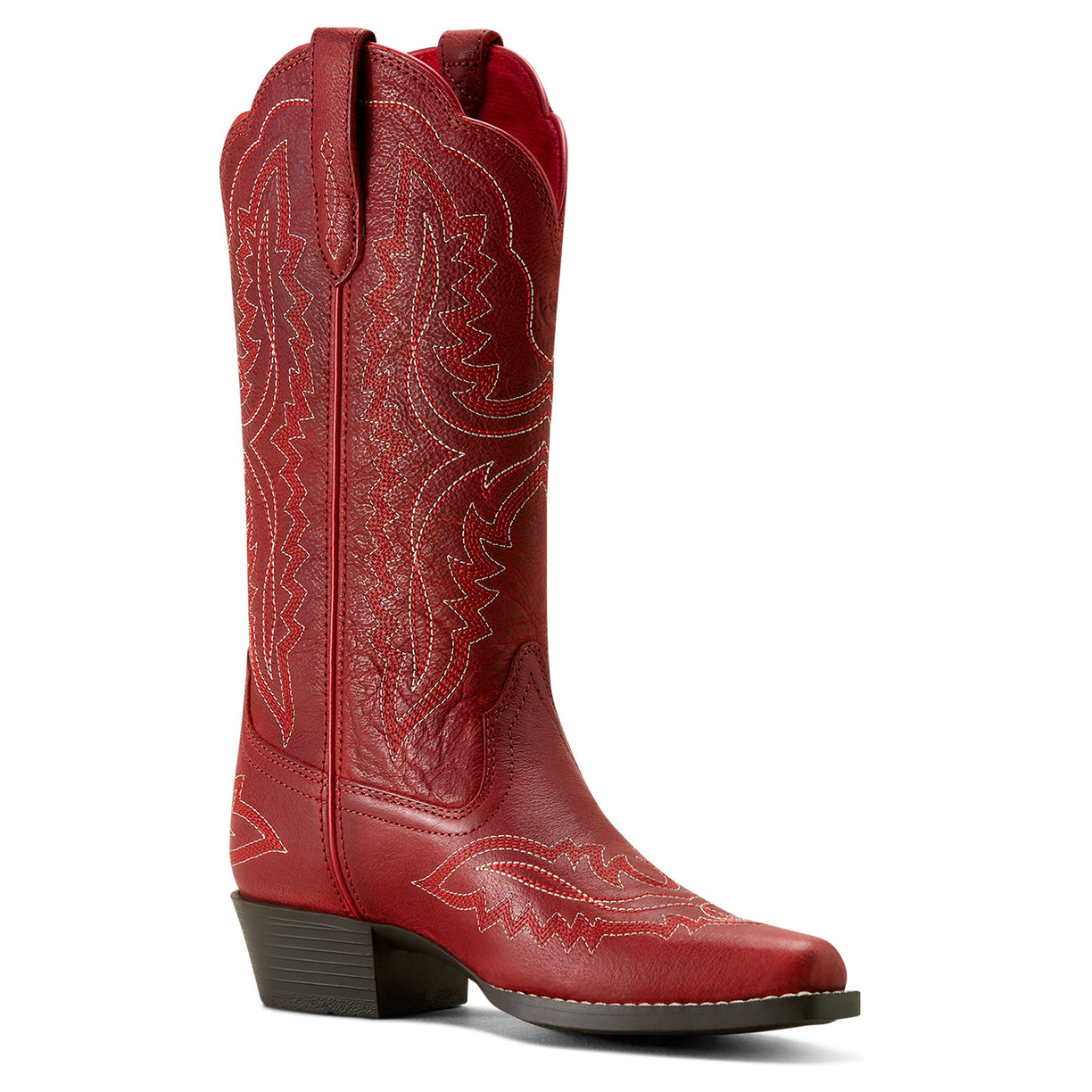 Red cowboy boot with intricate stitching on a white background