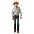 Person wearing a plaid shirt, jeans, and cowboy hat on a white background