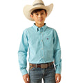 Child wearing a blue checkered shirt, jeans, and a cowboy hat on a white background