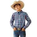 Child wearing a plaid shirt, jeans, and a cowboy hat on a white background