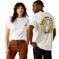 Two people wearing white t-shirts with graphic designs on a white background
