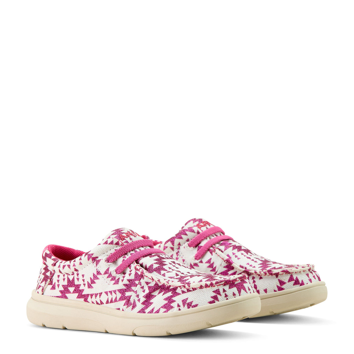 Pink and white patterned sneaker on a white background