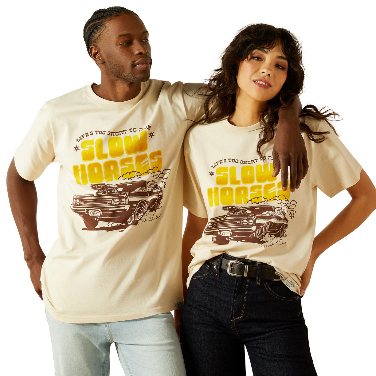 Two people wearing matching 'Slow Mo' t-shirts with a graphic of a car.