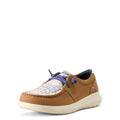 Brown shoe with colorful pattern and purple laces on a white background