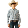 Child wearing a plaid shirt, jeans, and a cowboy hat on a white background