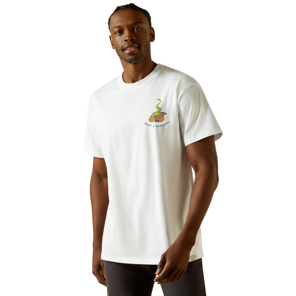 Man wearing a white t-shirt with a logo on a white background