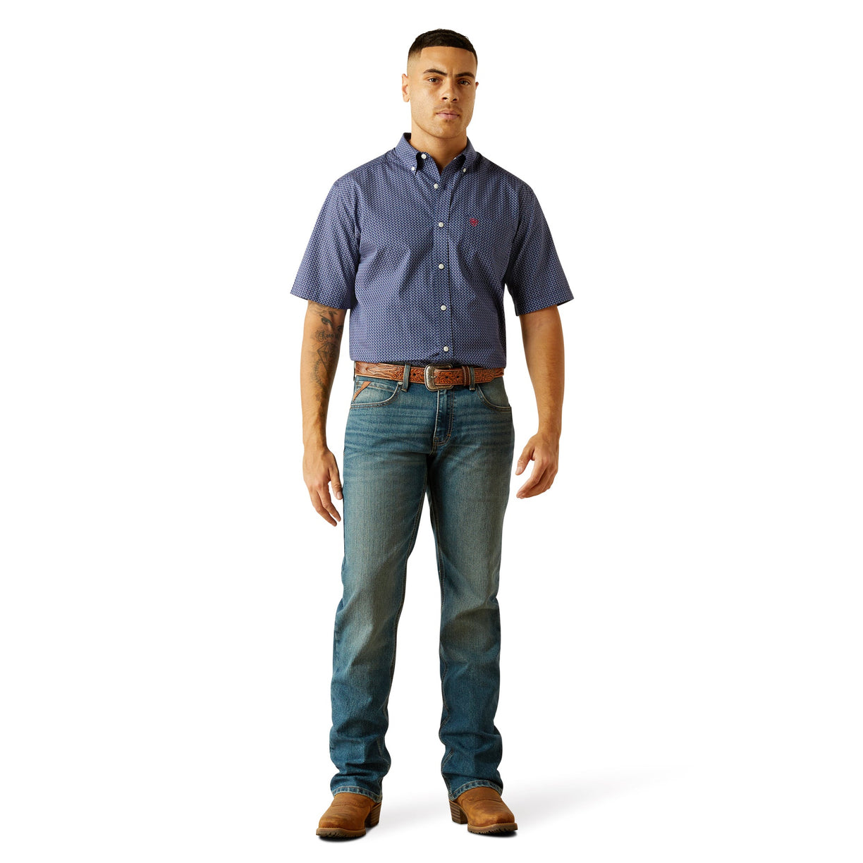 Man wearing a blue checkered shirt, jeans, and brown shoes on a white background