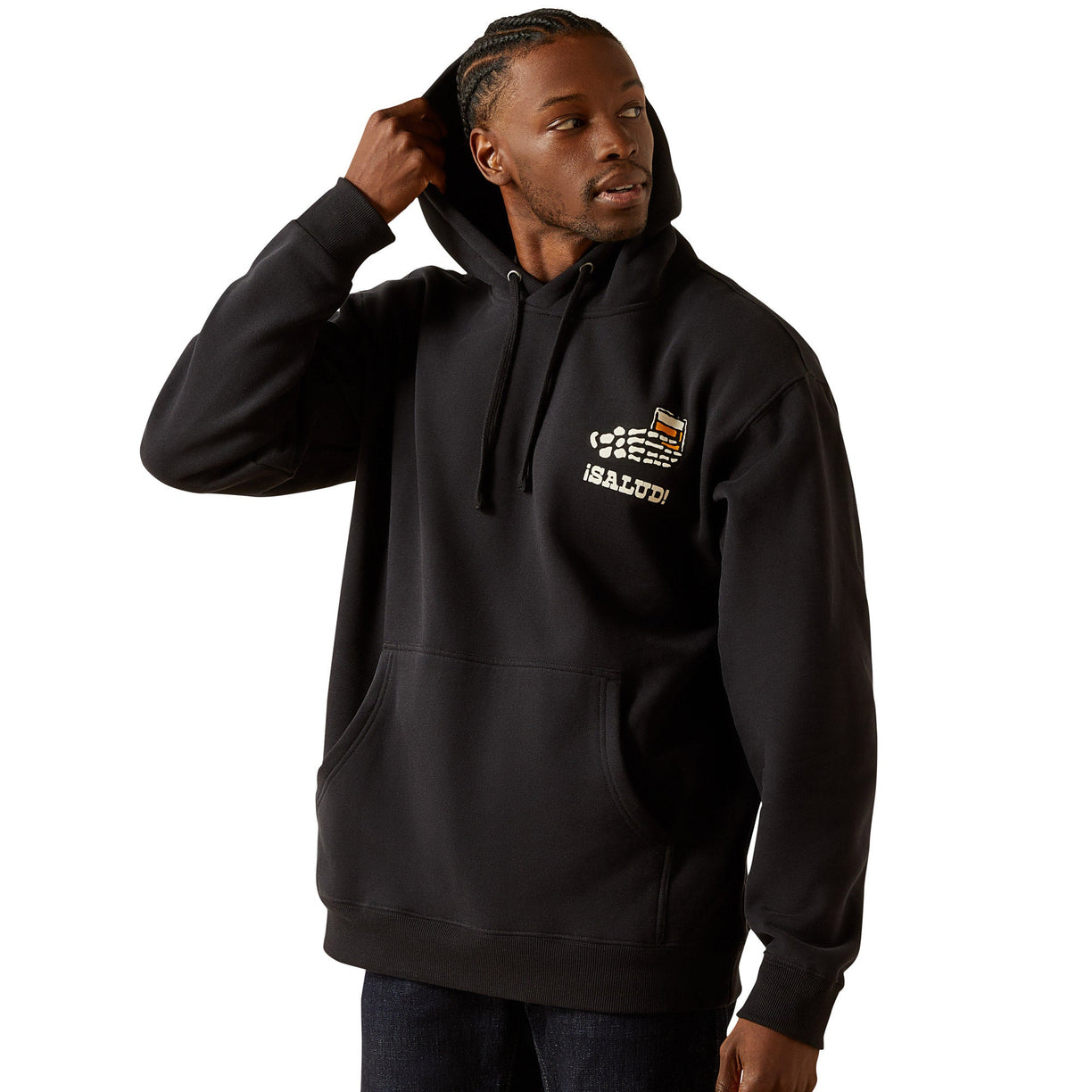 Man wearing a black hoodie with branding on a white background