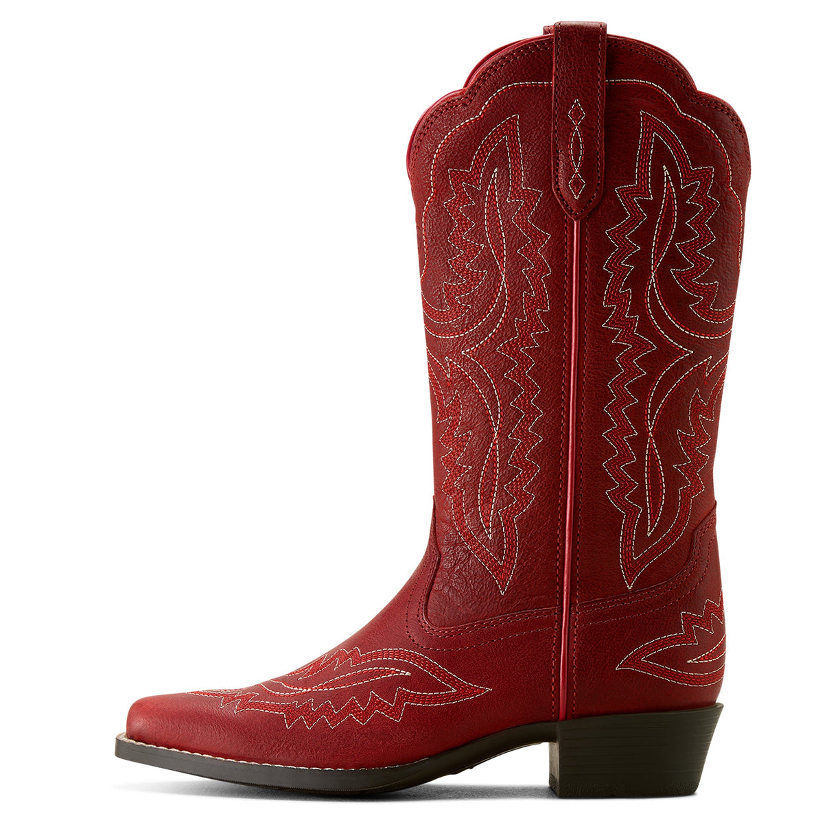 Red cowboy boot with intricate stitching on a white background