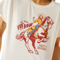 White t-shirt with a graphic of a woman riding a horse and text 'Yee Haw' on a white background.