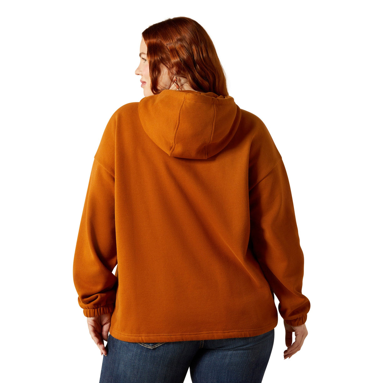Person wearing a brown hoodie on a white background
