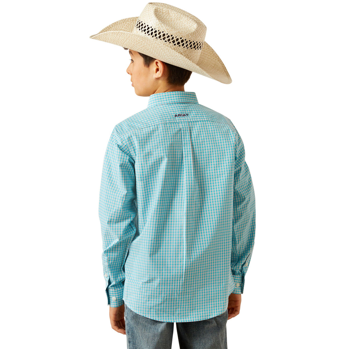 Child wearing a blue checkered shirt and cowboy hat on a white background