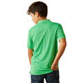 Child wearing a green polo shirt on a white background
