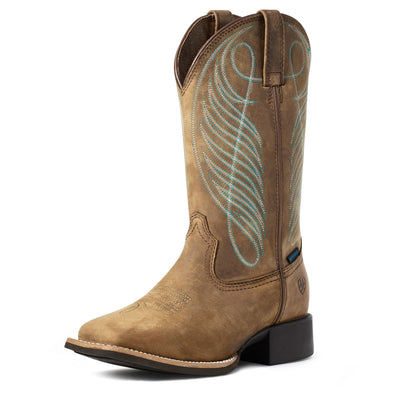 Women's Round Up Wide Square Toe Waterproof Western Boots in Distressed Brown 10036041 Ariat