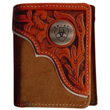 Ariat Tri-Fold Wallet - Tooled Overlay Dark Tan WLT3112A